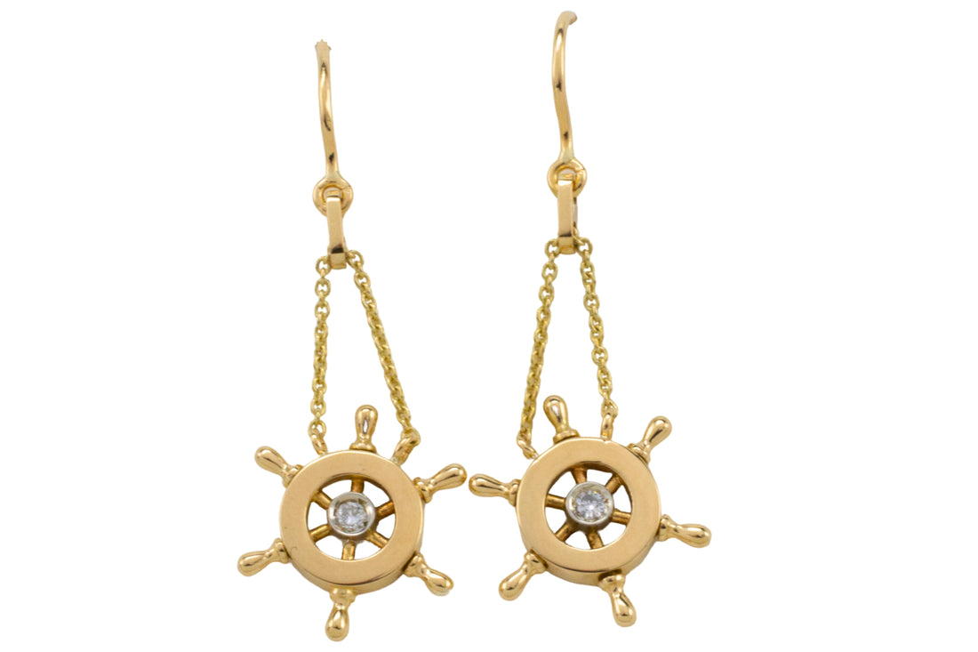 Ships wheel diamond earrings-Earrings-The Antique Ring Shop