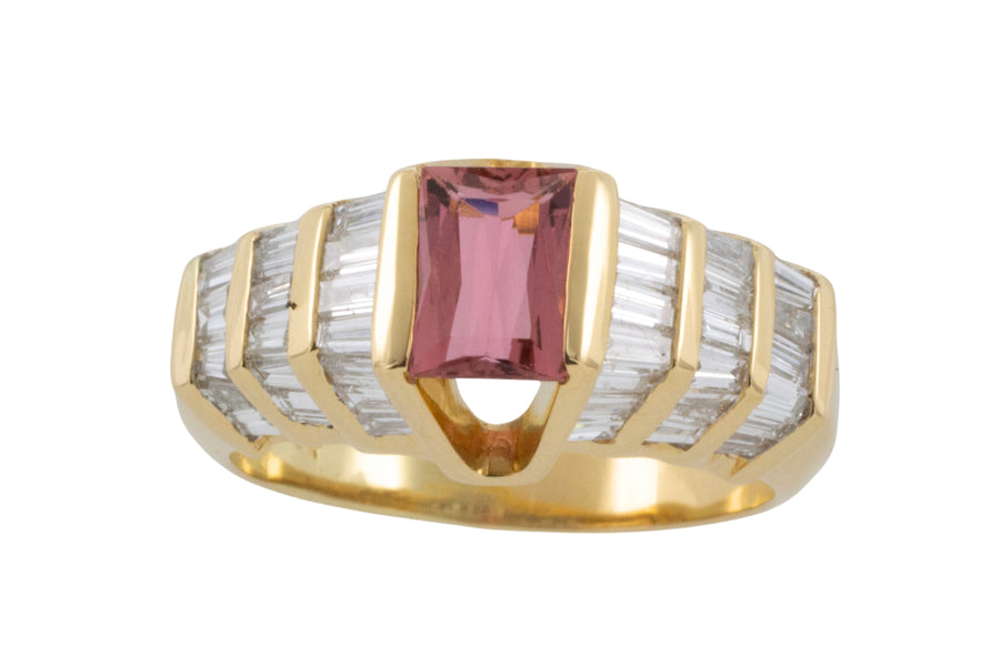 Baguette cut diamond ring with pink tourmaline-Vintage Rings-The Antique Ring Shop