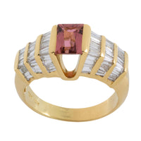 Baguette cut diamond ring with pink tourmaline-Vintage Rings-The Antique Ring Shop