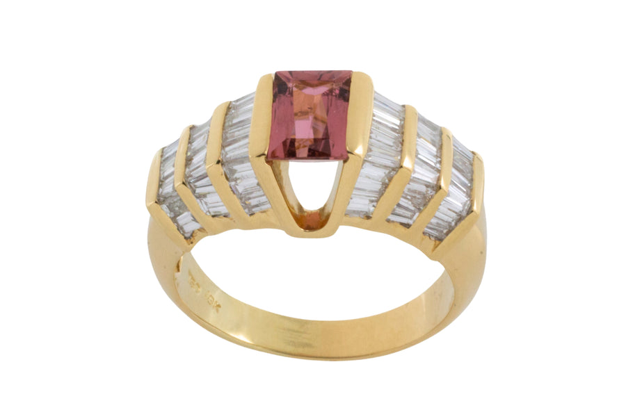 Baguette cut diamond ring with pink tourmaline-Vintage Rings-The Antique Ring Shop