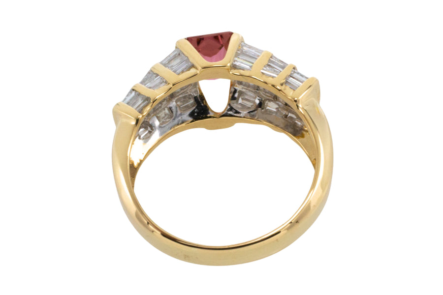 Baguette cut diamond ring with pink tourmaline-Vintage Rings-The Antique Ring Shop