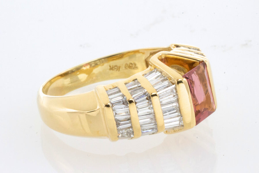 Baguette cut diamond ring with pink tourmaline-Vintage Rings-The Antique Ring Shop