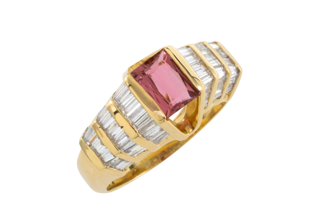 Baguette cut diamond ring with pink tourmaline-Vintage Rings-The Antique Ring Shop