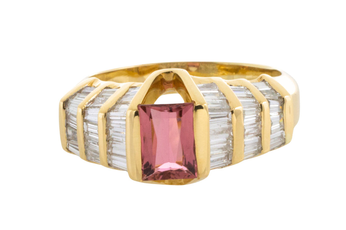 Baguette cut diamond ring with pink tourmaline-Vintage Rings-The Antique Ring Shop