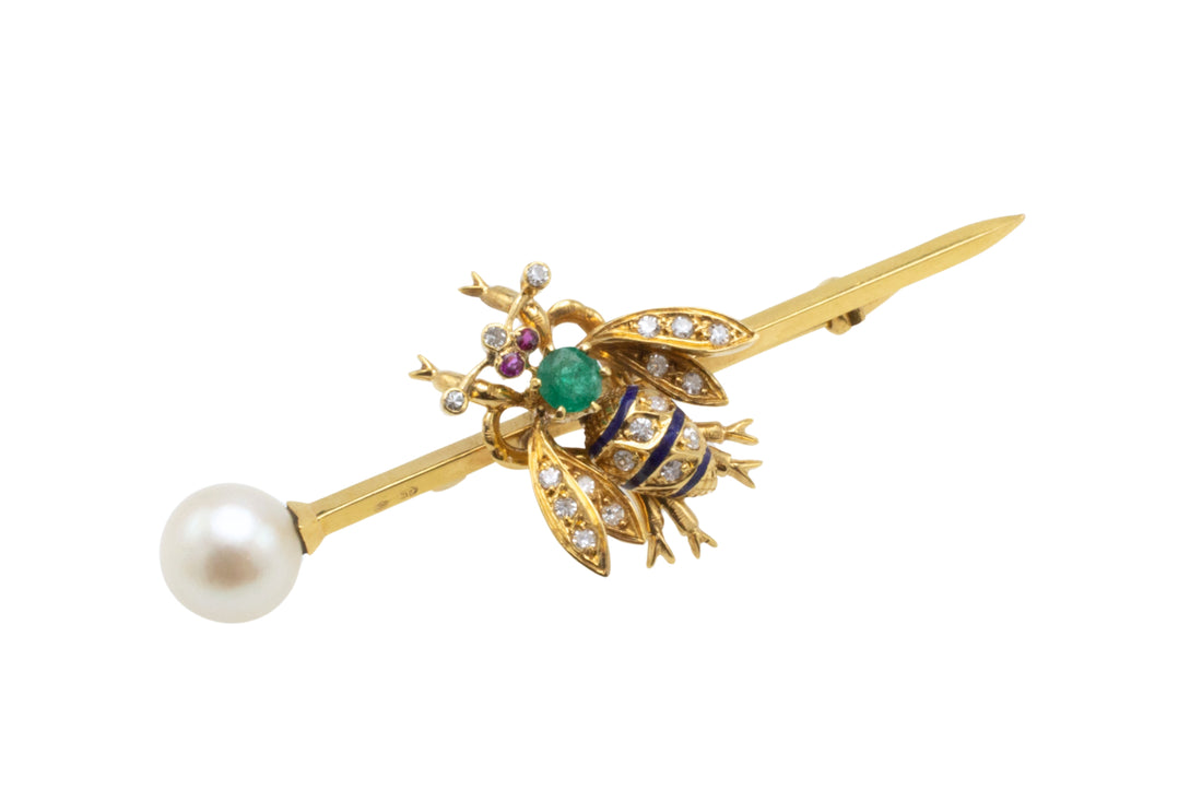 Emerald, diamond, ruby and pearl bee bar brooch-Brooches-The Antique Ring Shop