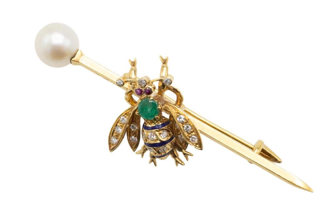 Emerald, diamond, ruby and pearl bee bar brooch-Brooches-The Antique Ring Shop