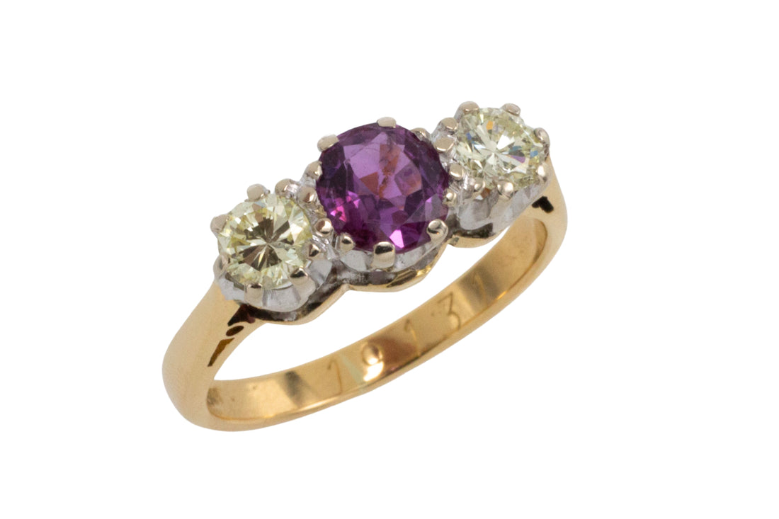 Pink sapphire and diamond three stone ring-engagement rings-The Antique Ring Shop