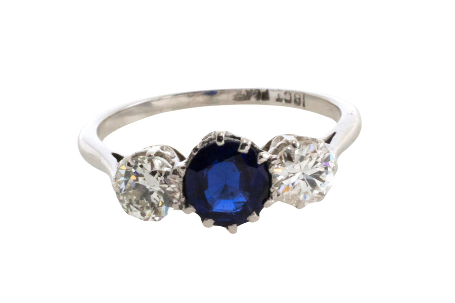 Sapphire and diamond ring in white gold and platinum-engagement rings-The Antique Ring Shop