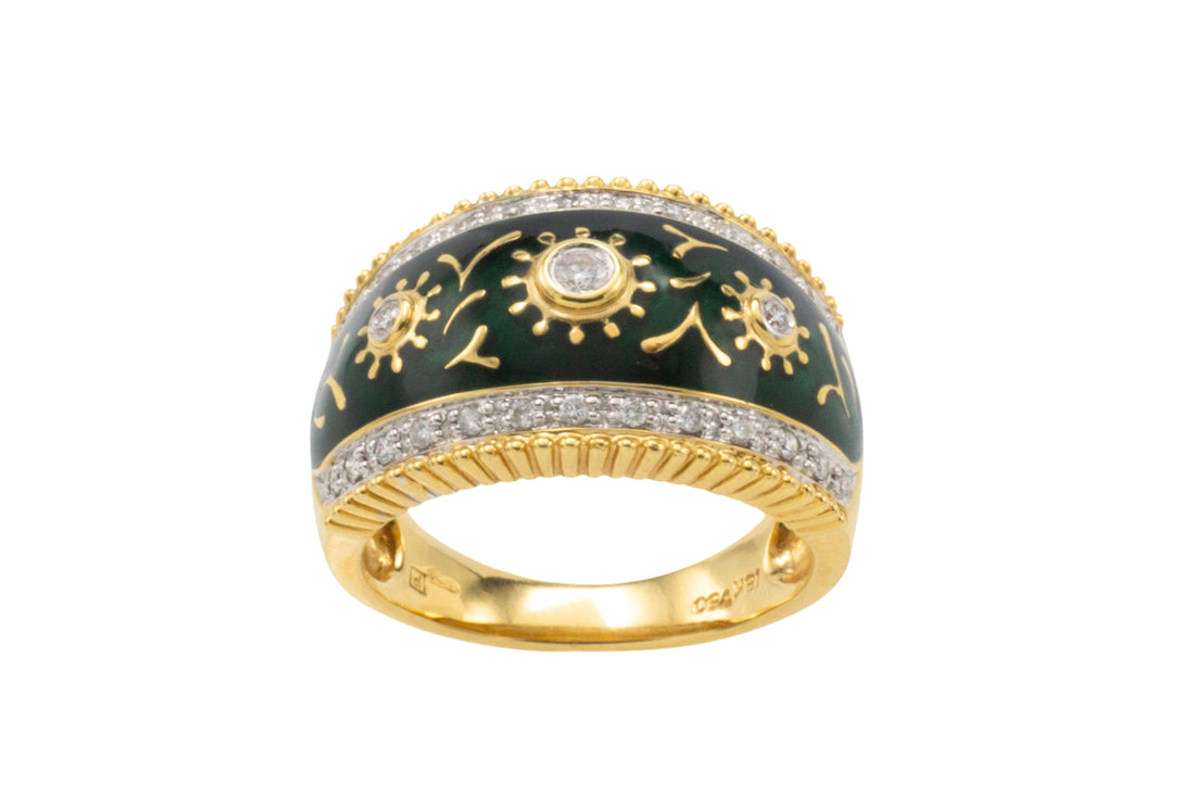 Green enamel and diamond ring in 18 carat gold-Vintage Rings-The Antique Ring Shop