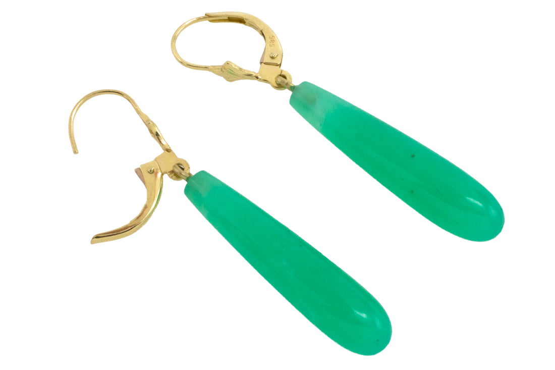 Chrysoprase pendant earrings in 14 carat gold-Earrings-The Antique Ring Shop