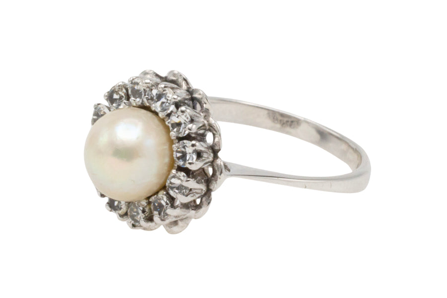 Vintage white gold pearl and diamond ring-Vintage Rings-The Antique Ring Shop