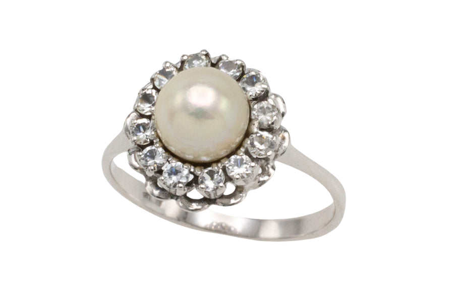 Vintage white gold pearl and diamond ring-Vintage Rings-The Antique Ring Shop