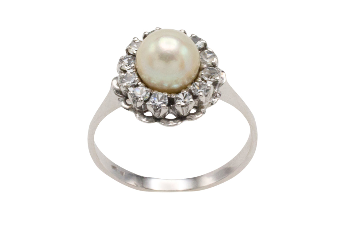 Vintage white gold pearl and diamond ring-Vintage Rings-The Antique Ring Shop