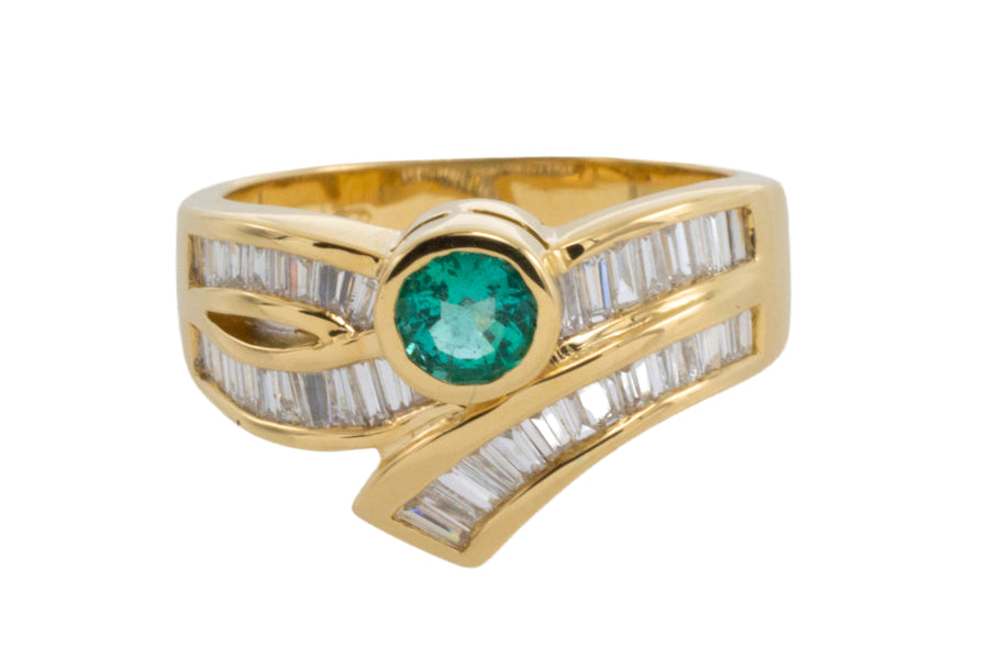 Baguette diamond and emerald ring-Vintage Rings-The Antique Ring Shop