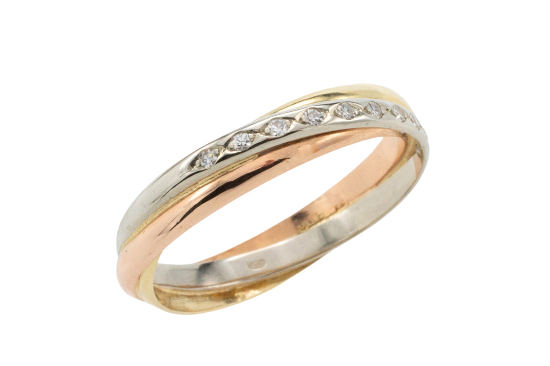 Tri color gold band with diamonds-Vintage Rings-The Antique Ring Shop