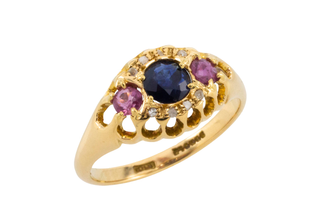 Edwardian 18 carat rose diamond sapphire and ruby ring-Antique rings-The Antique Ring Shop