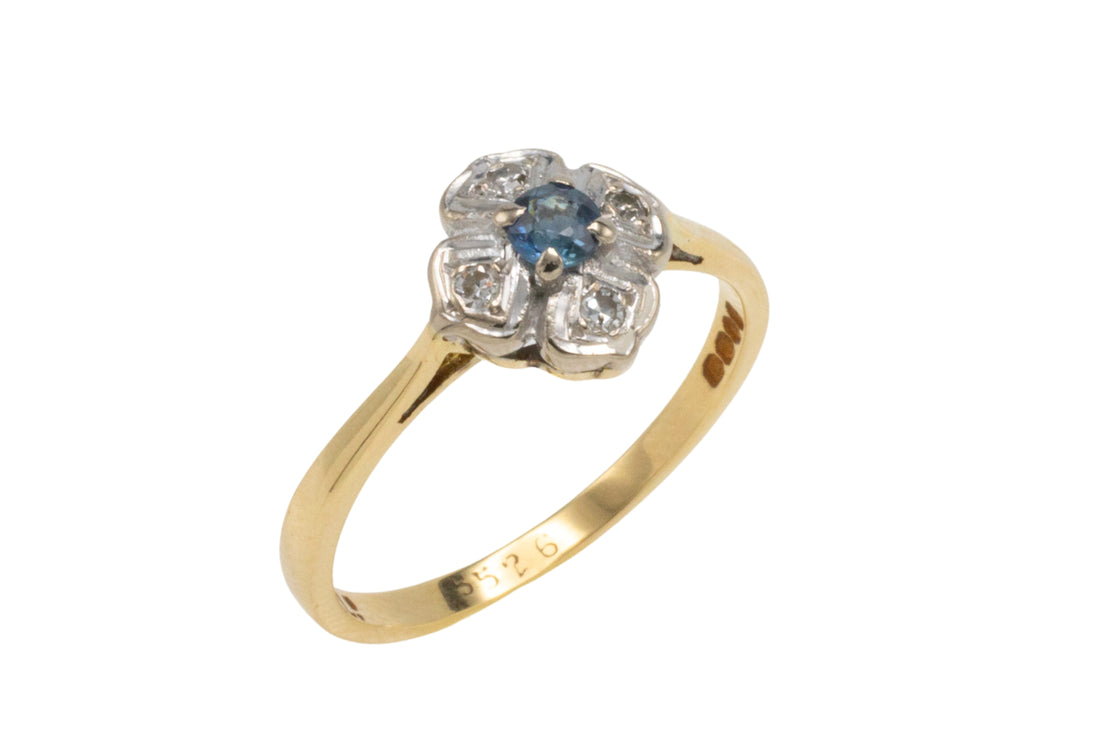 Vintage 18 carat sapphire and diamond flower ring-Vintage Rings-The Antique Ring Shop