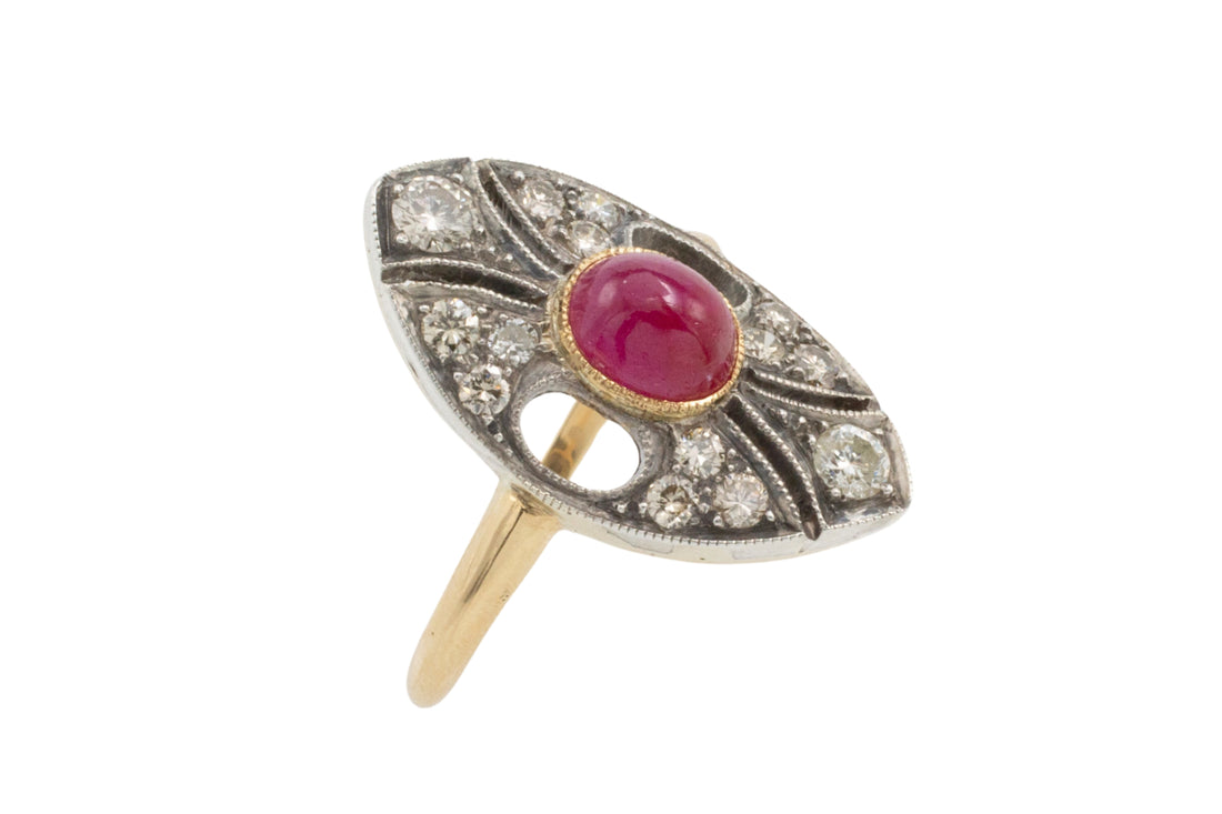 Vintage cabochon ruby and diamond marquise shaped ring-Vintage Rings-The Antique Ring Shop