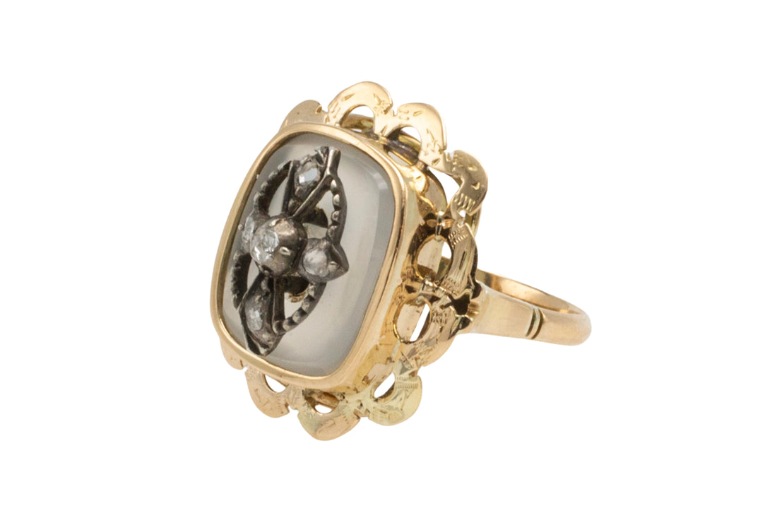 Gold agate ring with rose diamonds in silver-Vintage Rings-The Antique Ring Shop