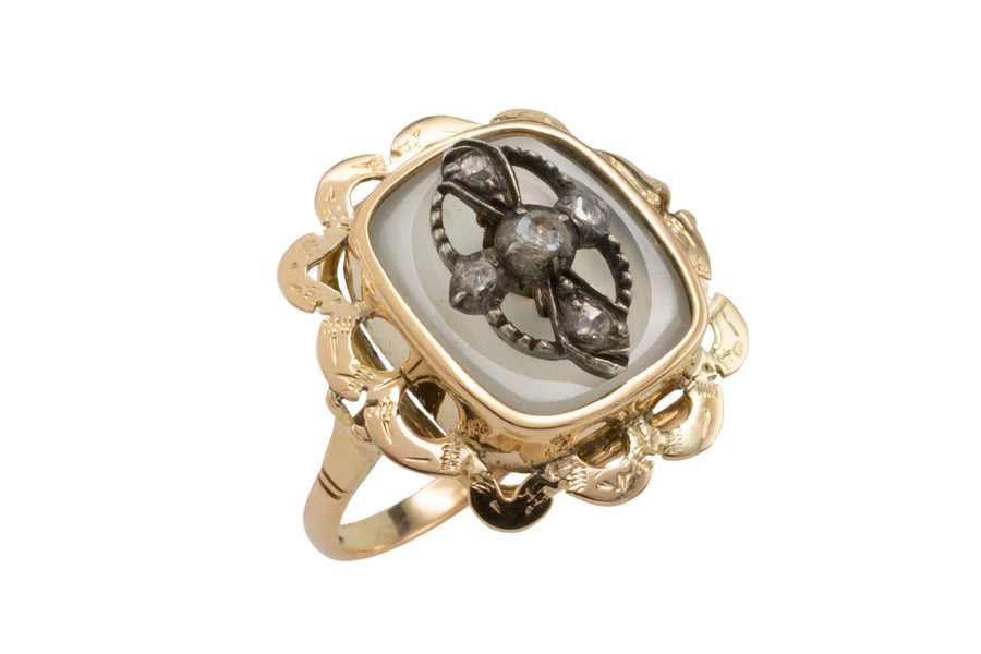 Gold agate ring with rose diamonds in silver-Vintage Rings-The Antique Ring Shop