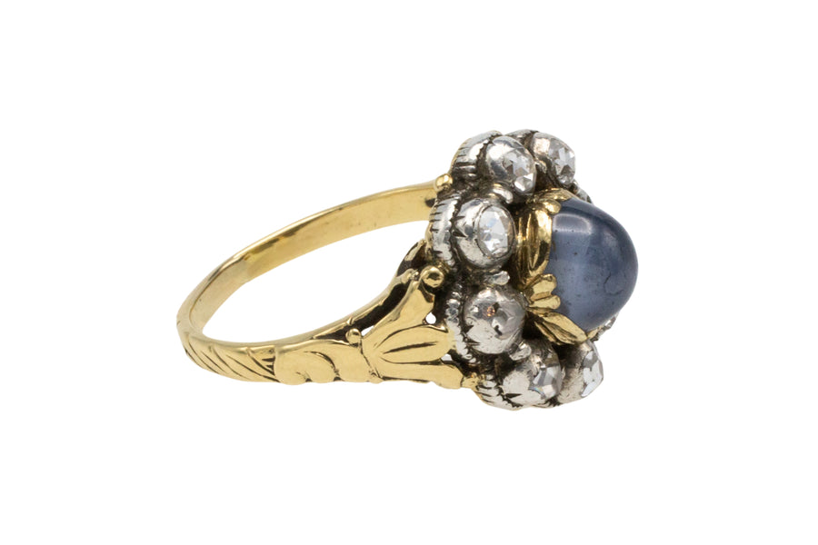 Star sapphire and rose diamond ring in gold and silver-Antique rings-The Antique Ring Shop