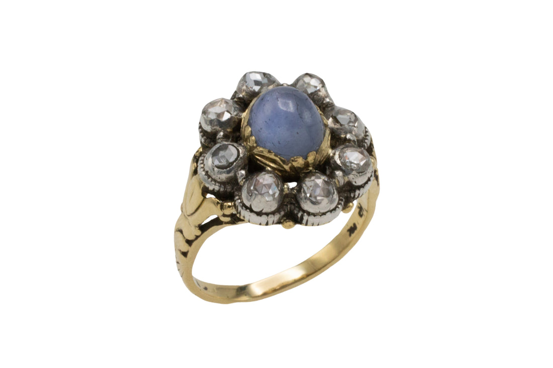 Star sapphire and rose diamond ring in gold and silver-Antique rings-The Antique Ring Shop