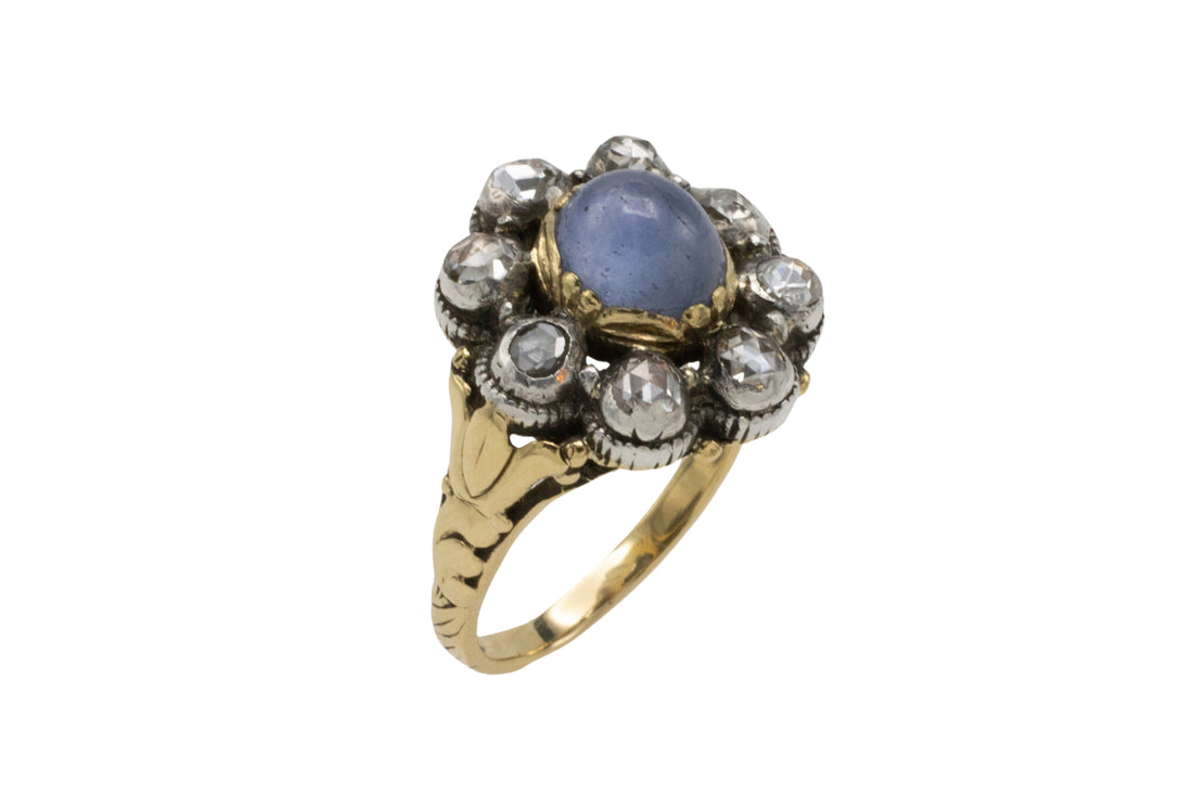 Star sapphire and rose diamond ring in gold and silver-Antique rings-The Antique Ring Shop