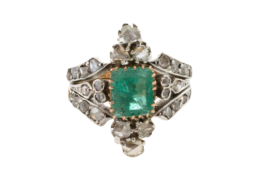 Antique emerald and rose diamond ring-Antique rings-The Antique Ring Shop