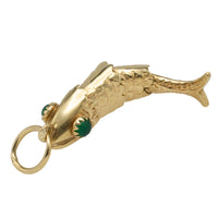 Vintage 14 carat gold fish pendant with chrysoprase eyes