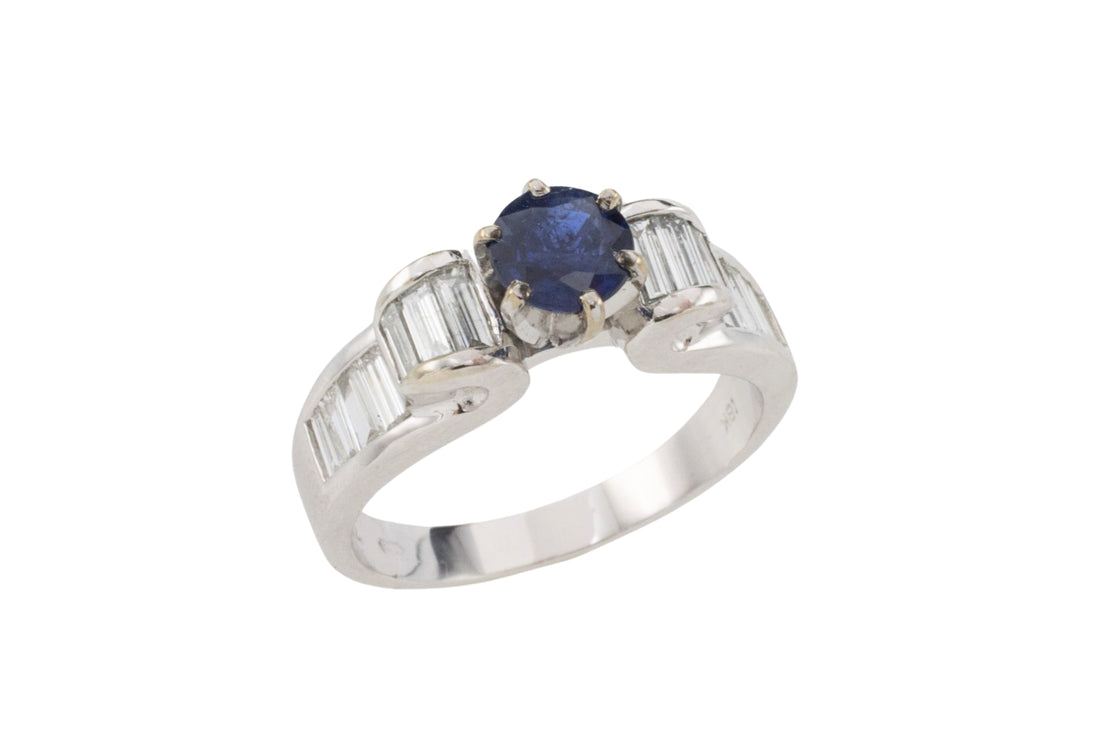White gold ring with baguette diamonds and sapphire-engagement rings-The Antique Ring Shop
