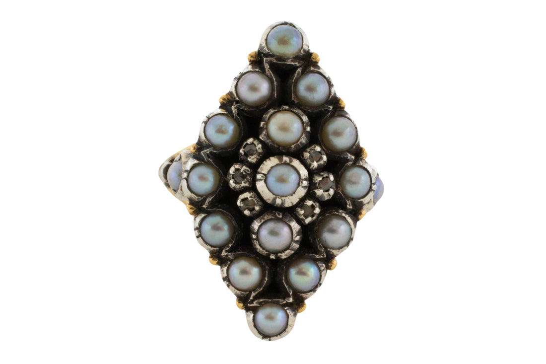 Vintage navette grey pearl and rose diamond ring-Vintage Rings-The Antique Ring Shop