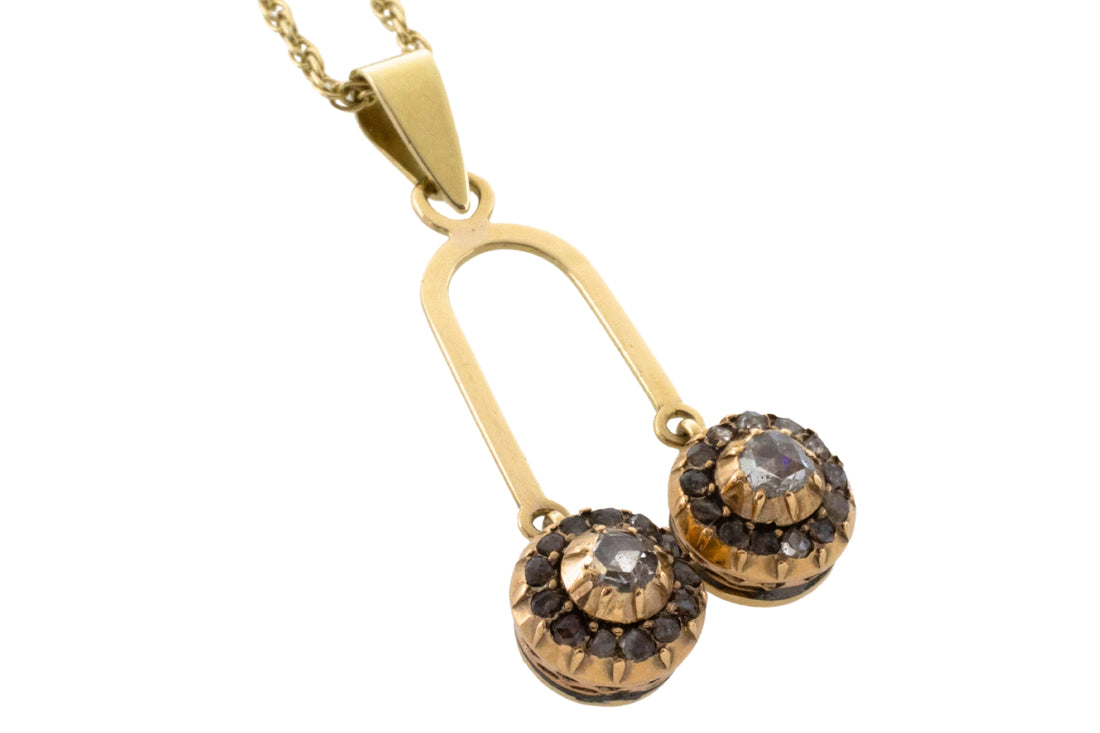 Double rose diamond pendant in 14 carat gold-Pendants-The Antique Ring Shop