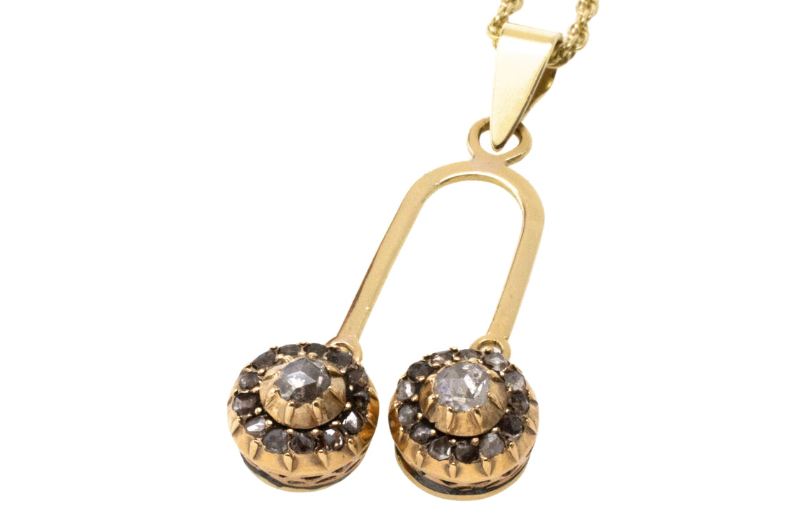 Double rose diamond pendant in 14 carat gold-Pendants-The Antique Ring Shop