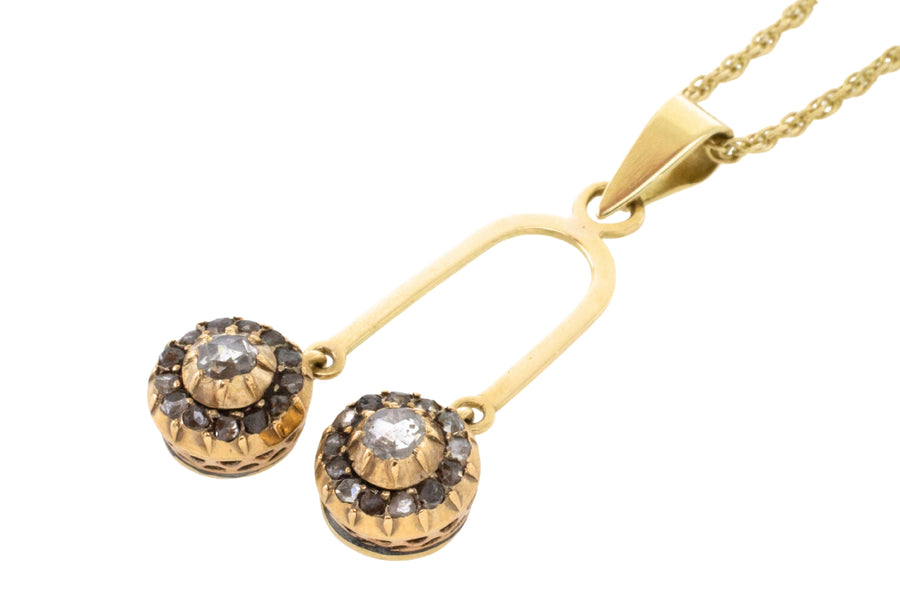 Double rose diamond pendant in 14 carat gold-Pendants-The Antique Ring Shop