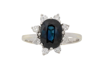 Sapphire and diamond cluster ring in white gold-engagement rings-The Antique Ring Shop