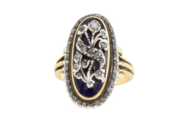 Rose diamond cobolt glass ring in gold and silver-Antique rings-The Antique Ring Shop