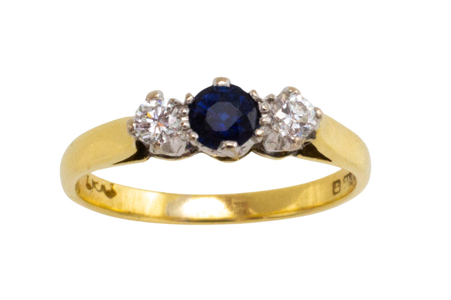 Three stone sapphire and diamond ring in 18 carat gold-engagement rings-The Antique Ring Shop