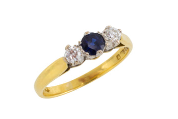 Three stone sapphire and diamond ring in 18 carat gold-engagement rings-The Antique Ring Shop