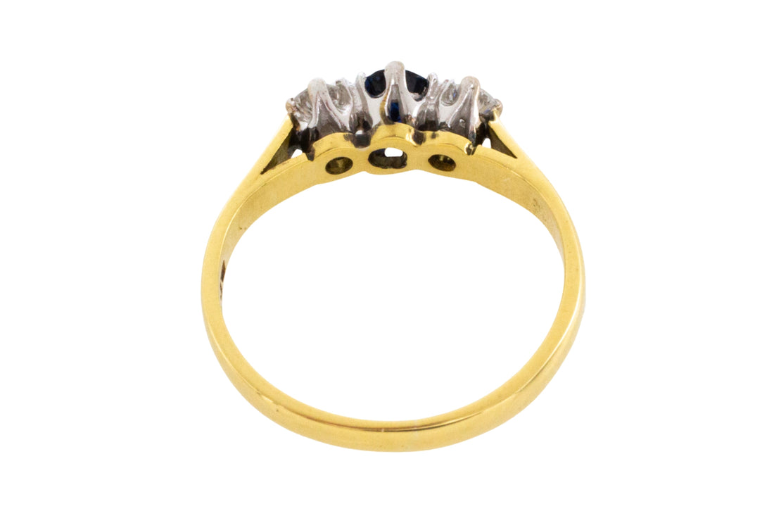 Three stone sapphire and diamond ring in 18 carat gold-engagement rings-The Antique Ring Shop