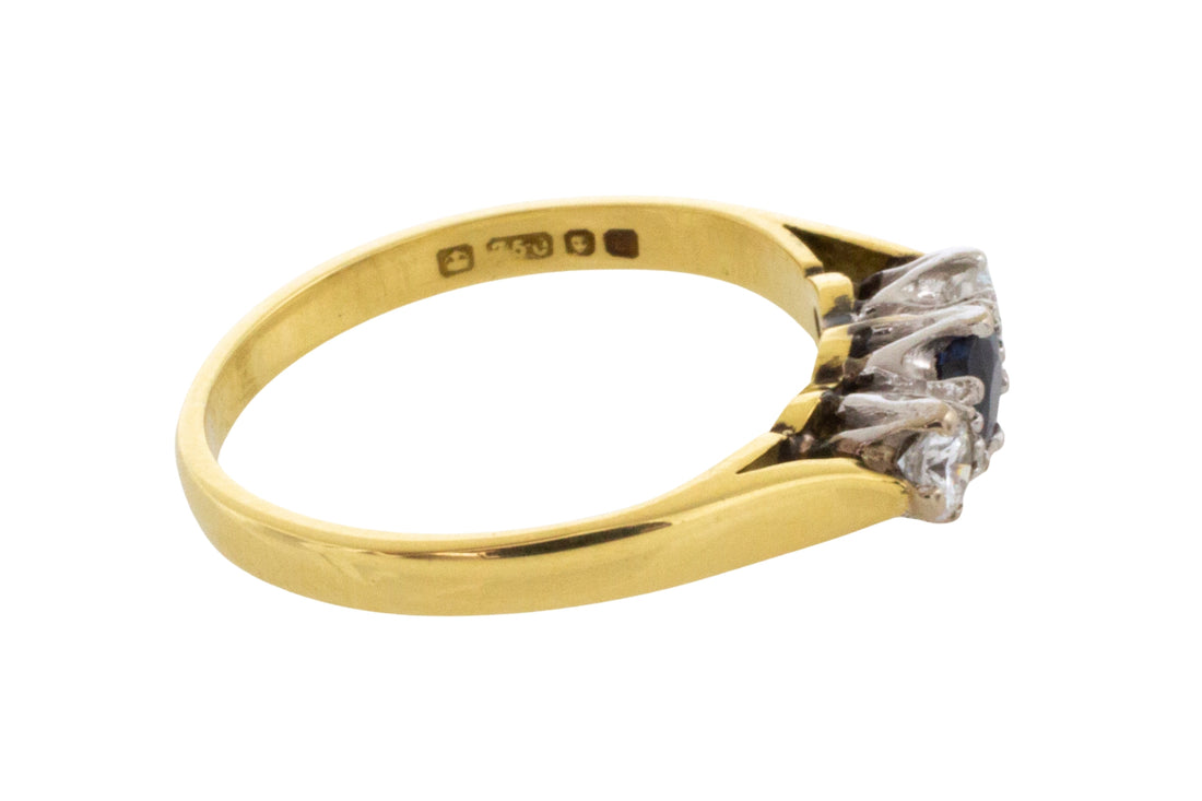 Three stone sapphire and diamond ring in 18 carat gold-engagement rings-The Antique Ring Shop