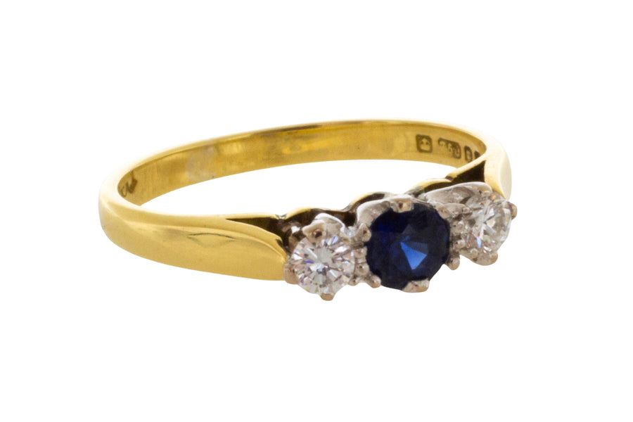 Three stone sapphire and diamond ring in 18 carat gold-engagement rings-The Antique Ring Shop