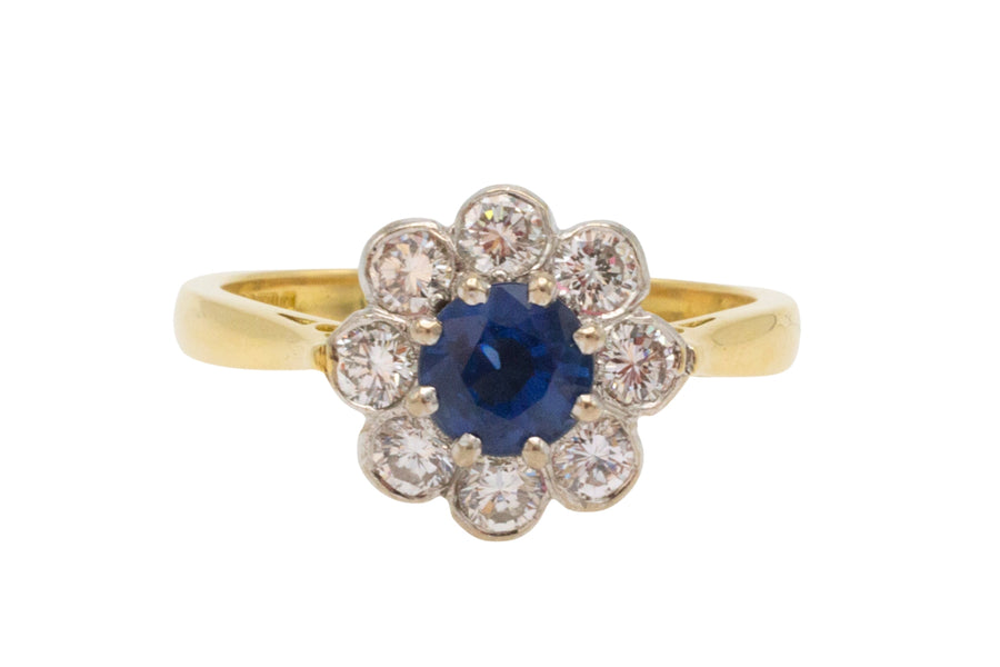 Sapphire and diamond cluster ring in 18 carat gold-engagement rings-The Antique Ring Shop