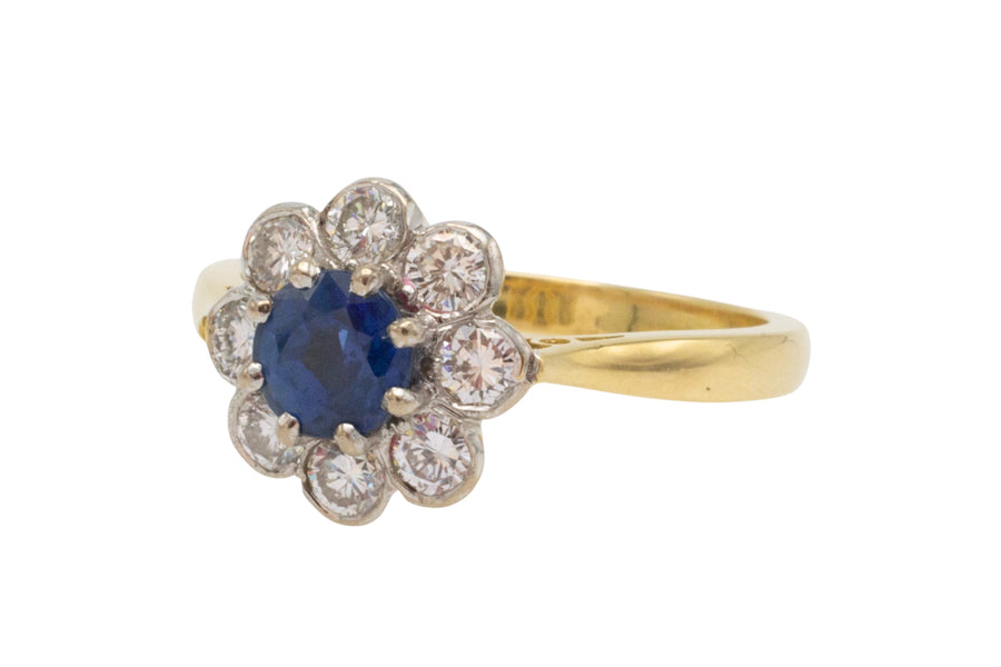 Sapphire and diamond cluster ring in 18 carat gold-engagement rings-The Antique Ring Shop