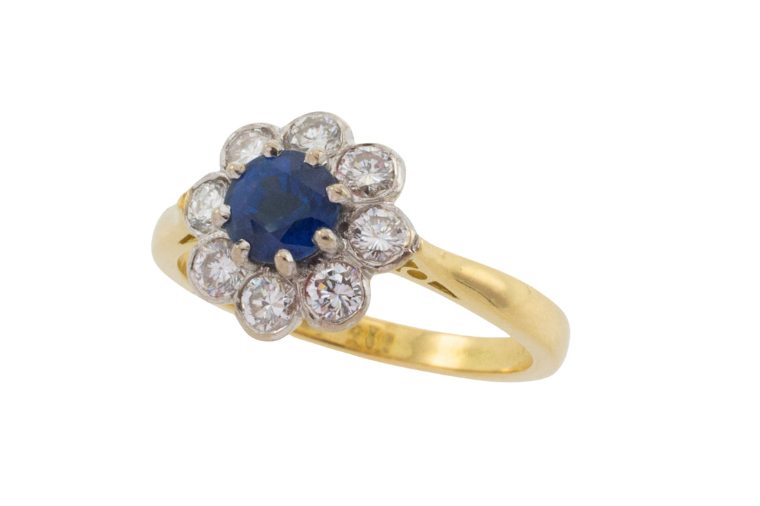 Sapphire and diamond cluster ring in 18 carat gold-engagement rings-The Antique Ring Shop
