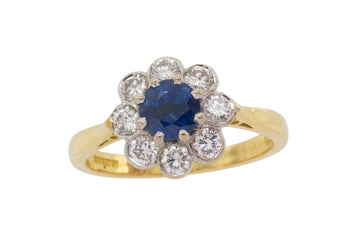 Sapphire and diamond cluster ring in 18 carat gold-engagement rings-The Antique Ring Shop