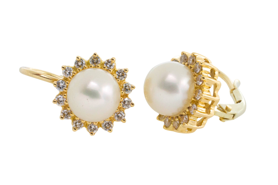 Pearl and diamond earrings in 14 carat gold-Earrings-The Antique Ring Shop