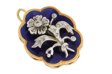 Blue enamel pendant with diamond in silver and gold-Pendants-The Antique Ring Shop