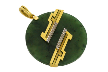 Jade pendant in 18 carat gold with diamonds-Pendants-The Antique Ring Shop