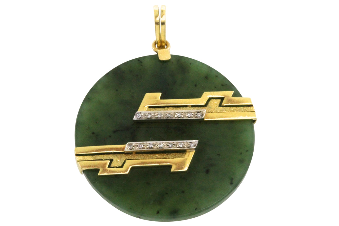 Jade pendant in 18 carat gold with diamonds-Pendants-The Antique Ring Shop