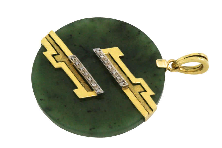 Jade pendant in 18 carat gold with diamonds-Pendants-The Antique Ring Shop